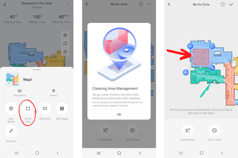 Setup of suction-restricted zones and wipe-restricted zones in the Roborock S7 Pro Ultra app.